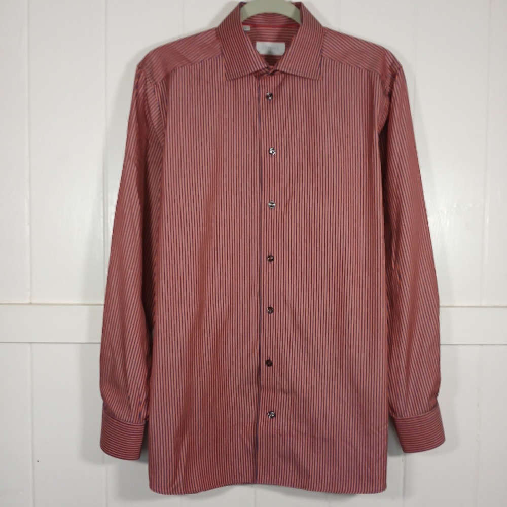 Eton Dress Shirt Mens 15.75 Orange Blue Striped Contemporary Fit Long Sleeve